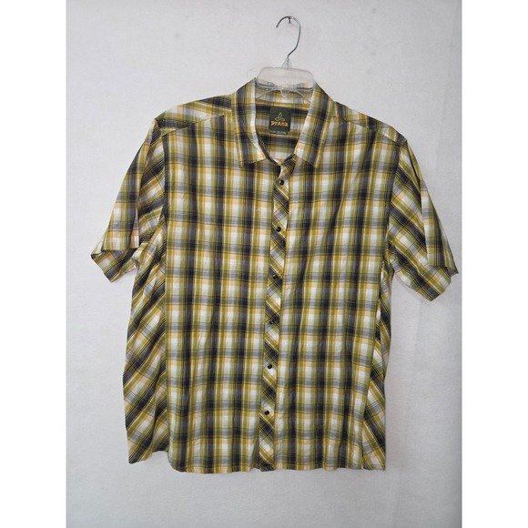 Prana Other - Prana Mens XL Short Sleeve Plaid Snap Front Shirt Yellow Green Organic Cotton